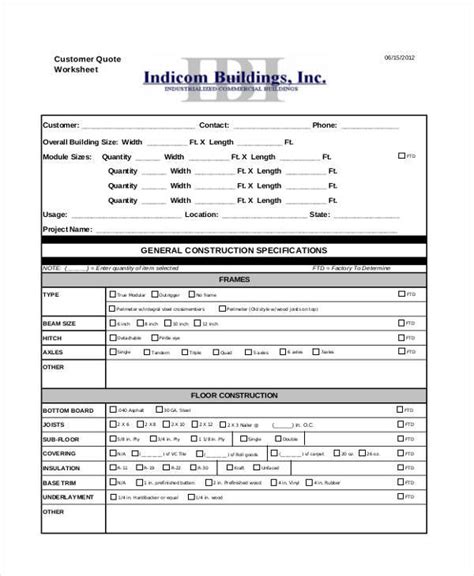 Free Construction Quotation Samples Templates