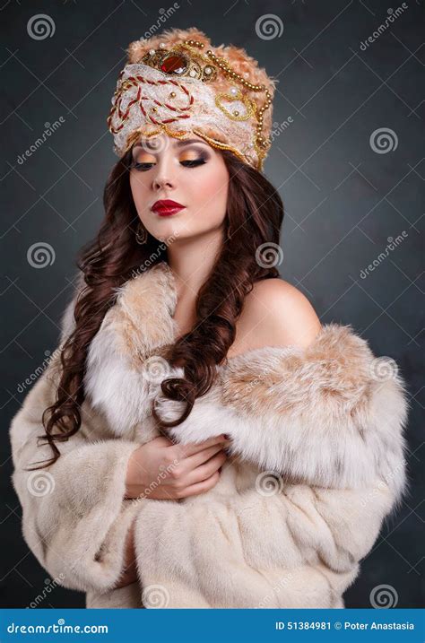 Queen In Royal Dress Girl In Royal Hat And Fur Coat Stock Image