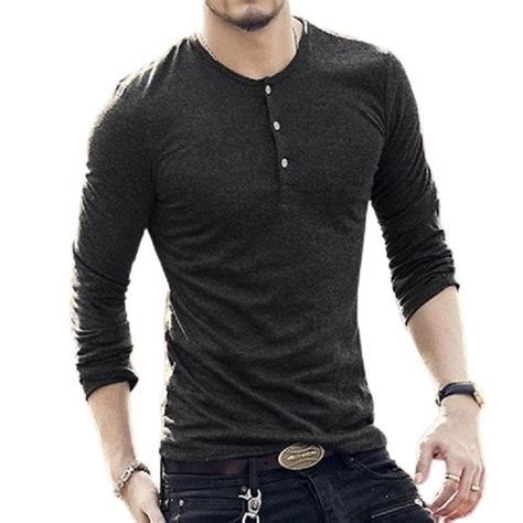 Black Plain Pattern Round Neck Long Sleeve Pure Cotton Fabric Mens T