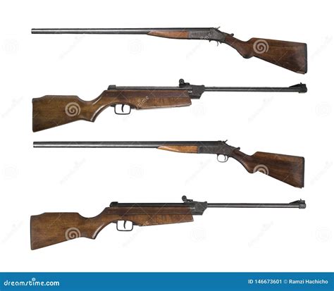Set Of Vintage Wooden Hunting Rifle Isolated On White Background Stock