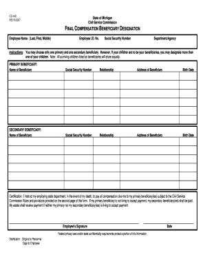 Fillable Online Mich Final Compensation Beneficiary Designation Form