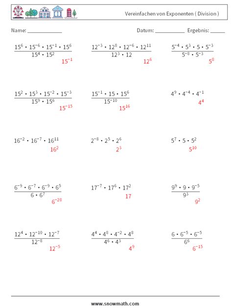 Vereinfachen Von Exponenten Division Mathe Arbeitsbl Tter Mathe