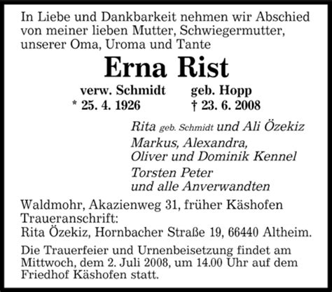 Traueranzeigen Von Erna Rist Saarbruecker Zeitung Trauer De