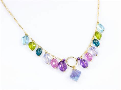 Multi Gemstone Drop Necklace in Gold Filled, Precious Colorful Necklace ...