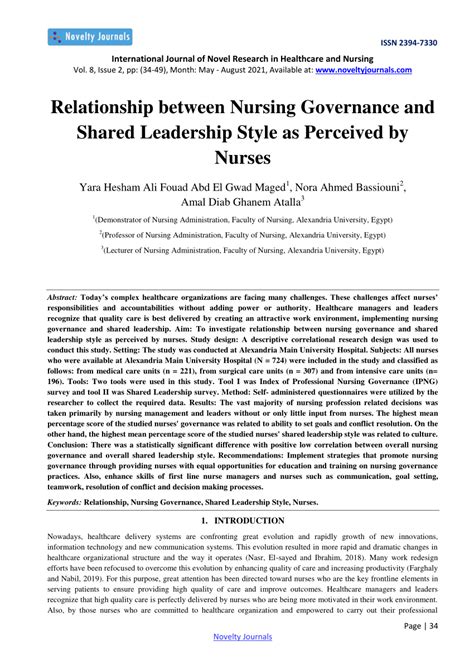 Pdf Relationship Between Nursing Governance And Shared Leadership Style As Perceived By Nurses