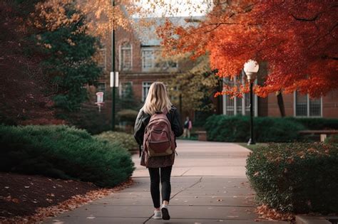 Premium Ai Image A Woman Walking Down The Sidewalk In Front Of An