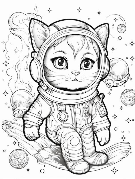 Un Dibujo En Blanco Y Negro De Un Astronauta Gato En El Espacio