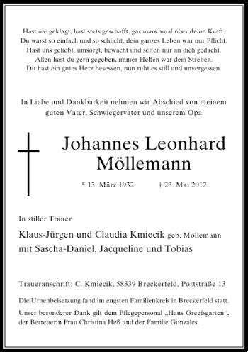 Alle Traueranzeigen für Johannes Leonhard Möllemann trauer rp online de