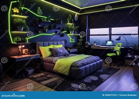 Contemporary Bedroom with Neon Green Accents Stock Image - Image of green, accents: 300879735