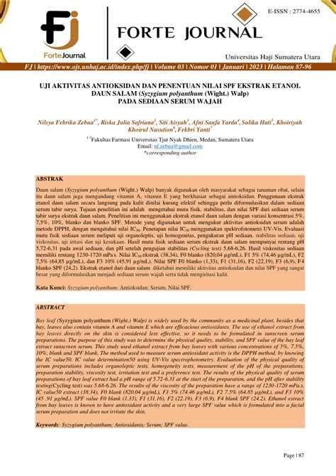 Pdf Uji Aktivitas Antioksidan Dan Penentuan Nilai Spf Ekstrak Etanol