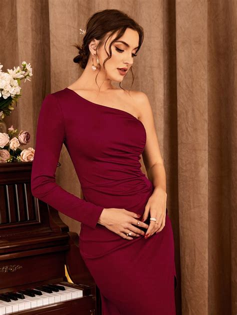 One Shoulder Ruched Asymmetrical Hem Bridesmaid Dress SHEIN USA