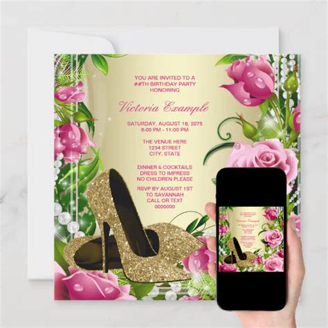 Pink Rose Pearl Gold High Heel Shoe Birthday Party Invitation Zazzle