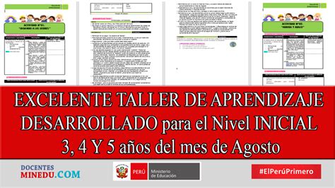 EXCELENTE TALLER DE APRENDIZAJE DESARROLLADO Para El Nivel INICIAL 3 4