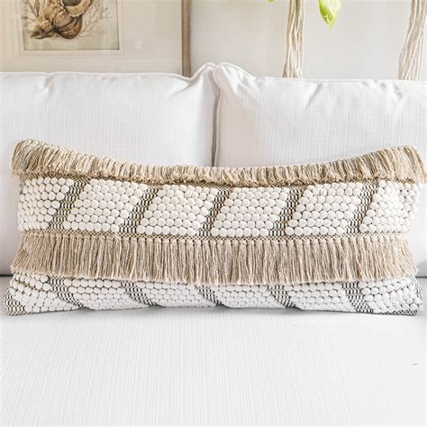 Boho Lumbar Pillow Cover White And Beige Textured Throw Etsy