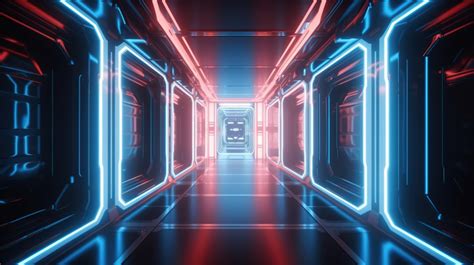 Illuminated White Futuristic Metal Corridor By Red And Blue Neon Lights