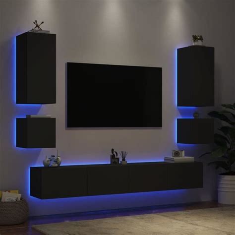 Akozon Meuble TV muraux 6 pcs avec lumières LED noir 7891463636812