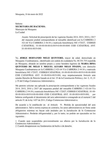 Carta De Solicitud Impuesto Predial Mosquera De Enero De Hot Sex Picture