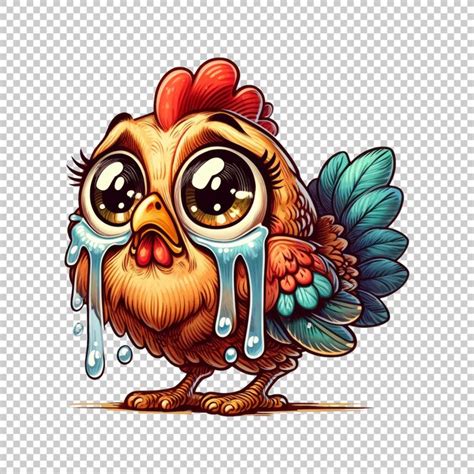 Sad Cartoon Chicken With Big Eyes And Tears Isolated On Transparent