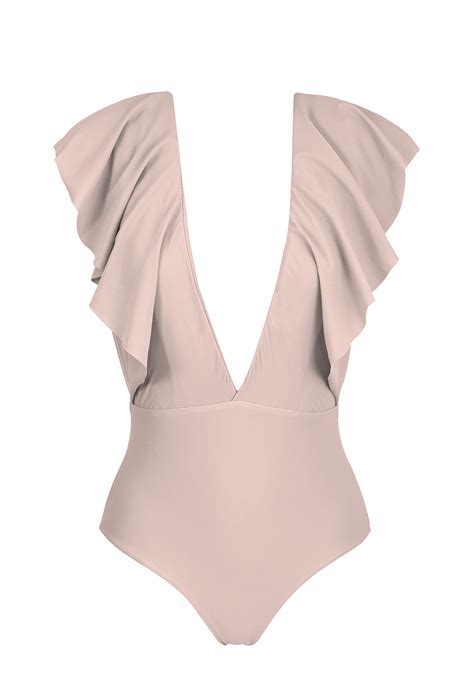 Nude Pink Plunging One Piece Swimsuit With Ruffles Essence Frill Rio De Sol