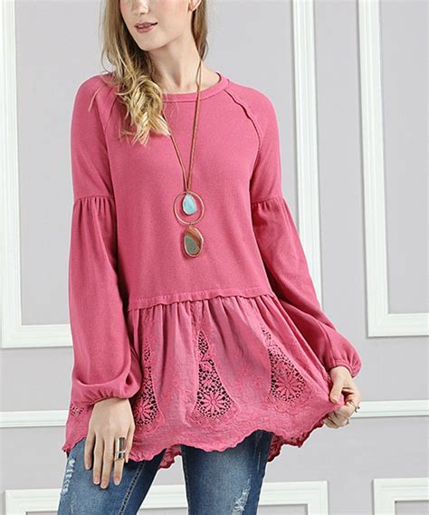 Suzanne Betro Rose Lace Hem Bishop Sleeve Tunic Plus Too Rose Lace