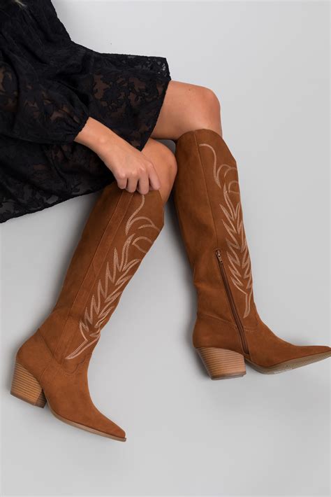 Cognac Suede Knee High Pointed Toe Western Boots Lime Lush Boutique