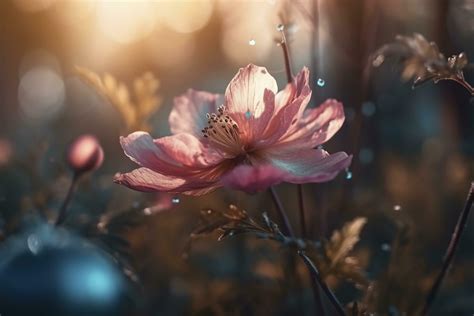 Pink Flowers With The Sun Shining Through The Clouds In The Background