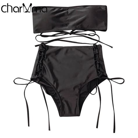 Charmma Black Bikini Lace Up Bandeau High Waist Bikini Set Women