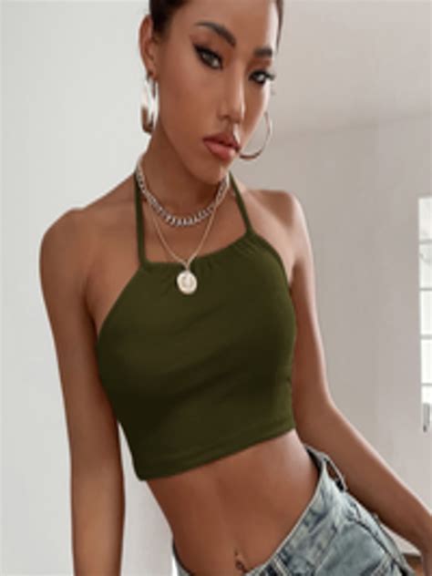 Buy Urbanic Olive Green Women Ribbed Halter Neck Slim Fit Fitted Cotton