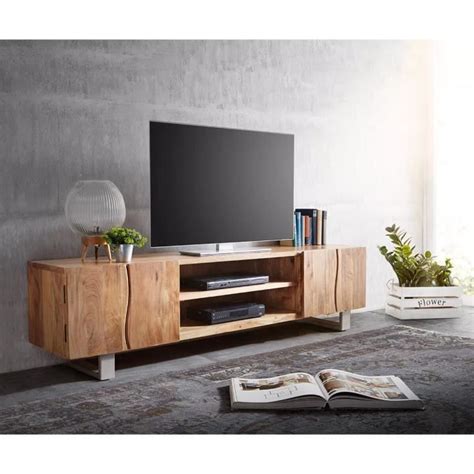 Meuble TV Live Edge Acacia Nature 200 Cm 4 Portes 2 Compartiments Tronc