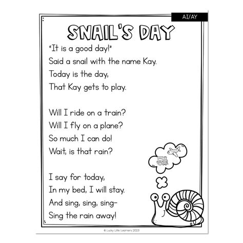 Lucky To Learn Phonics Vowel Teams Long A 1st Grade Phonics Poem Snails Day Lucky