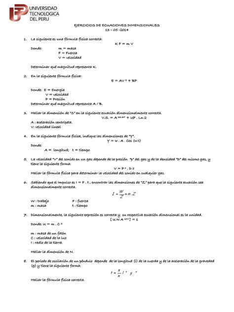 Ejercicios De Ecuaciones Dimensionales Pdf Velocidad Masa