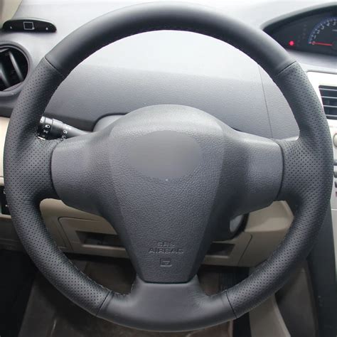 Black Natural Leather Car Steering Wheel Cover For Toyota Yaris Vios