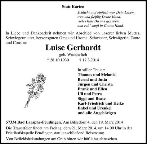 Traueranzeigen Von Luise Gerhardt Trauer In Nrw De