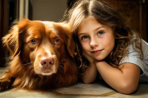 Hermosa niña abrazando a su perro amistad niño y perro Foto Premium