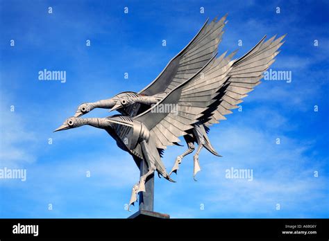 Metal Statue Of Three Flying Swans On Tall Post Along River Wye In Ross