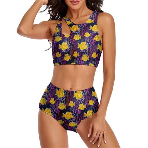 Sexy Cartoon Sea Fish Bikini Swimsuit Floral Print Retro Swimwear High Waisted Graphic
