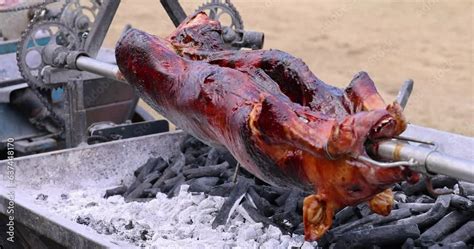 Roasted Whole Pig On Fire Grilled Pig On Skewer Roasting Pig On A