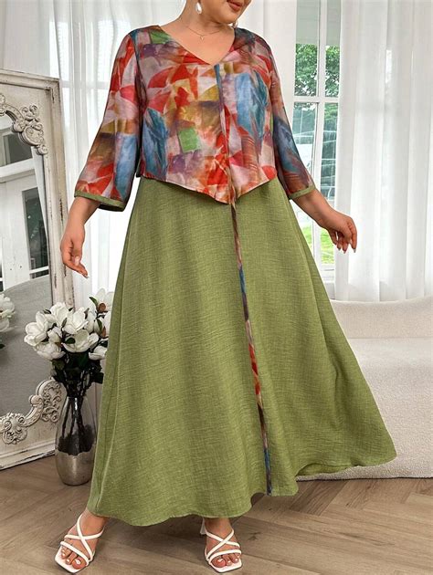 Shein Najma Plus Size Women S Solid Color Printed Patchwork Simple