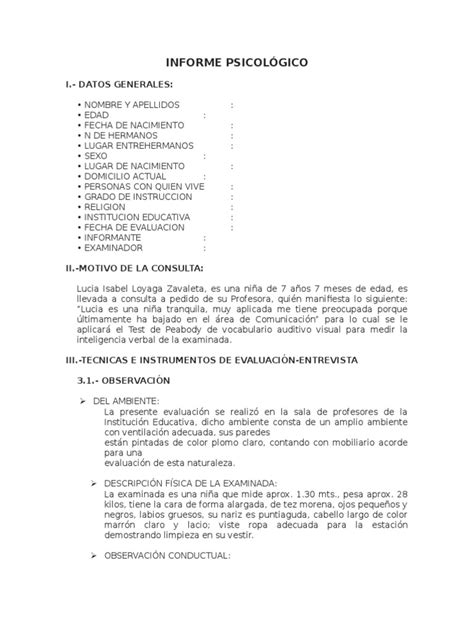 Formato Informe Psicologico Educacional Psicología Adultos