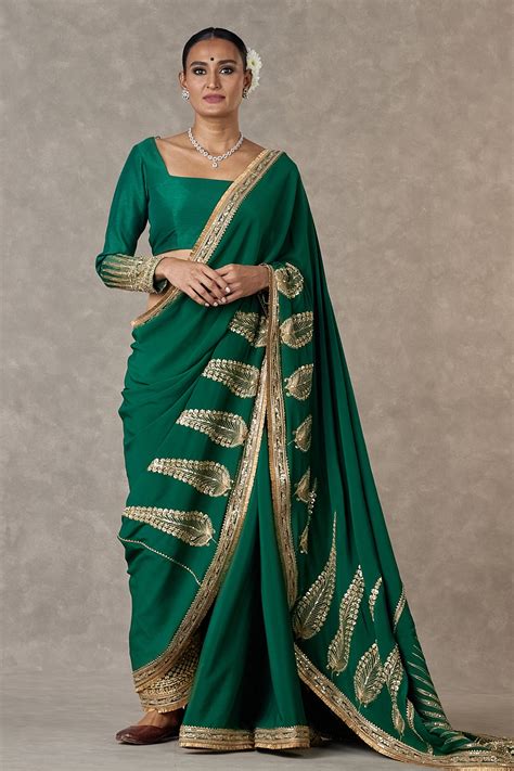 Buy Green Saree Crepe Silk Embellished Trikone Son Patti Salwar Set For