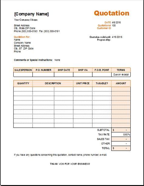 Quotation Template Excel Worksheet