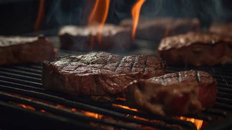 Beef Steaks On The Grill With Flames Generative AI Stock Illustration