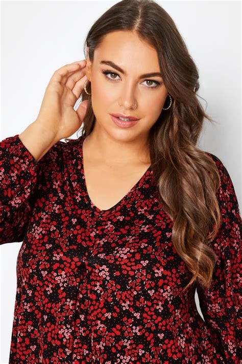 Plus Size Red Ditsy Floral Swing Top Yours Clothing