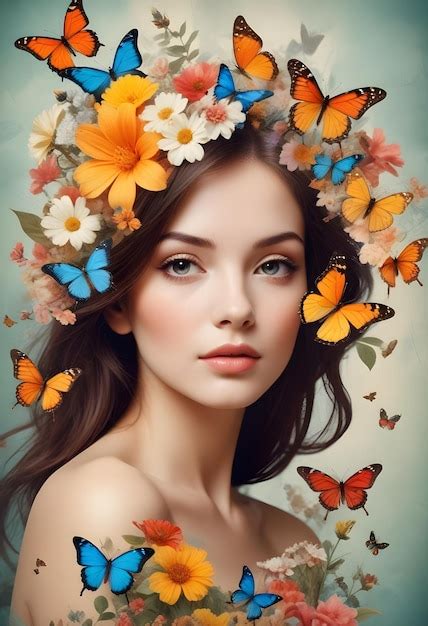 Premium Photo Beautiful Woman Flowers And Butterflies Collageart