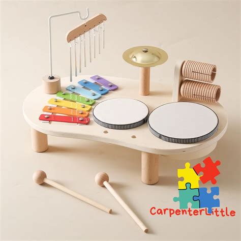 Kids Wooden Musical Instruments Set Montessori Drum & Music Table ...