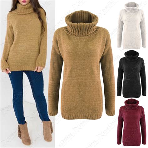 New Womens Cowl Polo Neck Fluffy Chunky Knit Jumper Ladies Thick Knitted Sweater Ebay