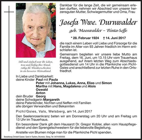 Josefa Wwe Durnwalder Aus Gsies Trauerhilfe It Das S Dtiroler