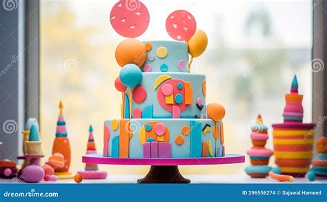 A Big Fondant Birthday Cake Mounted On A Grey Cake Stand Vector Or