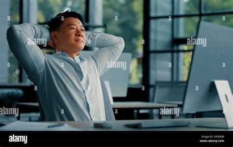 Asian Korean Senior Businessman Employee Relaxing Alone Lean On Office