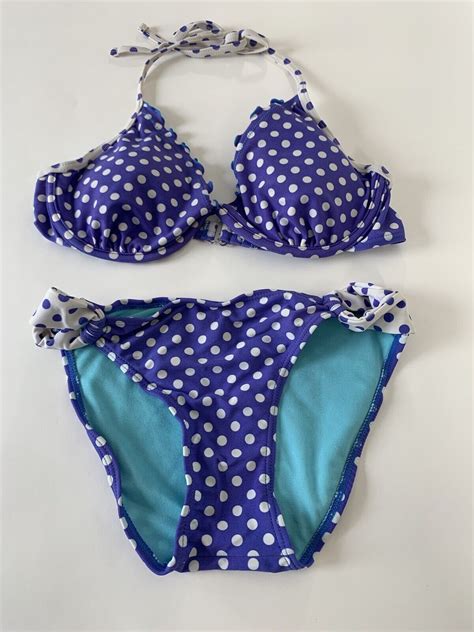 So Bikini Polka Dot Set Swim Top Bottom Blue White Ti Gem